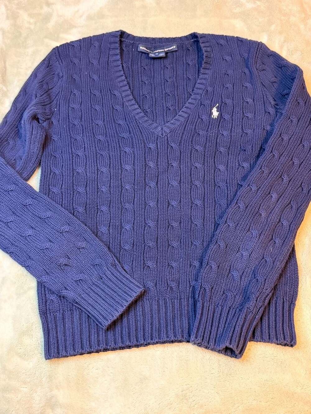 Ralph Lauren Sport Cable-Knit V-Neck Sweater Size M Blue Cotton